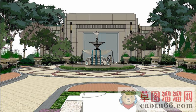 欧式小区喷泉SU模型