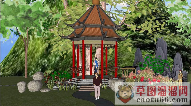 亭子假山石景观SU模型