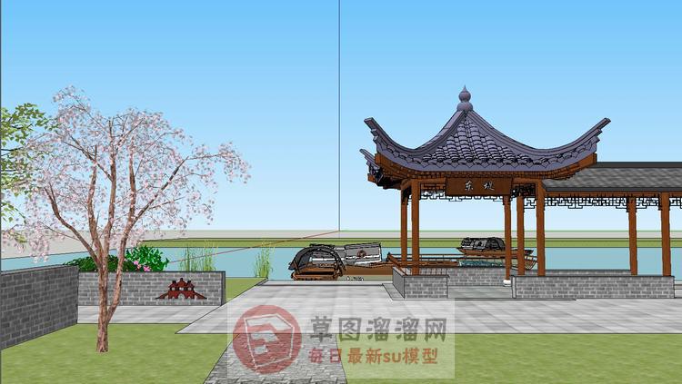 中式滨水长廊SU模型
