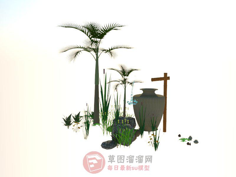 棕榄树陶罐瓶景观小品SU模型