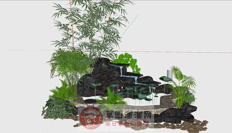 假山流水荷花池SU模型