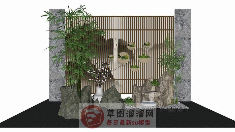 新中式假山竹子SU模型
