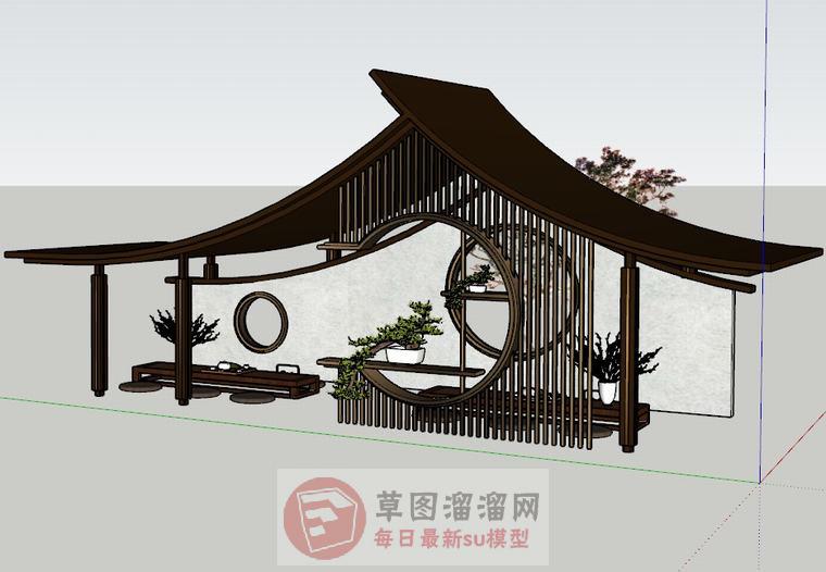 新中式廊架茶具桌SU模型