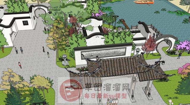 中式滨河景观SU模型