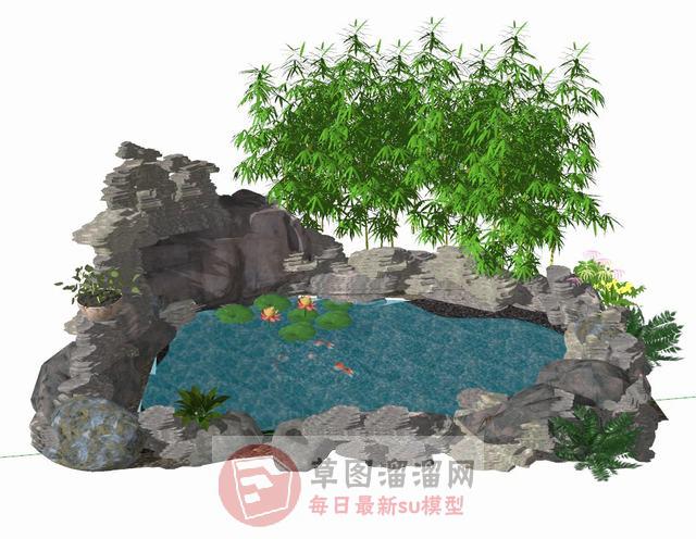假山叠石荷花池SU模型