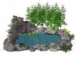 假山叠石荷花池SU模型