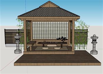 日式亭子茶桌SU模型