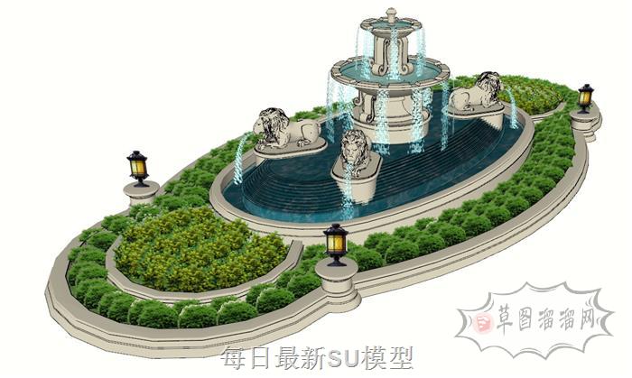 雕塑喷泉狮子SU模型