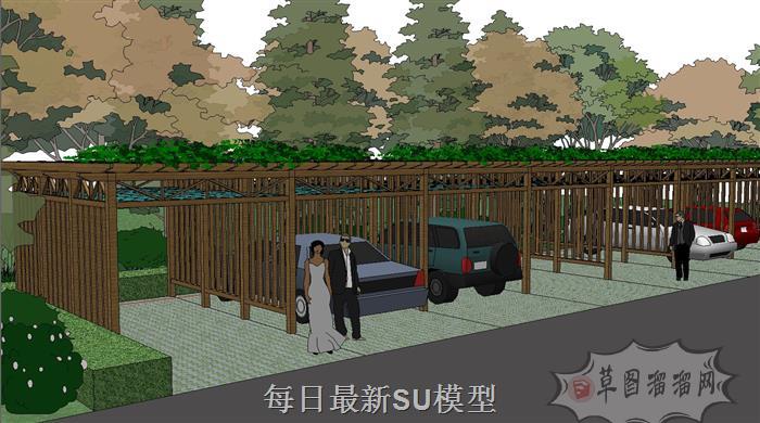 廊架花架停车位SU模型