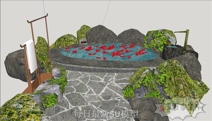 中式温泉水池SU模型