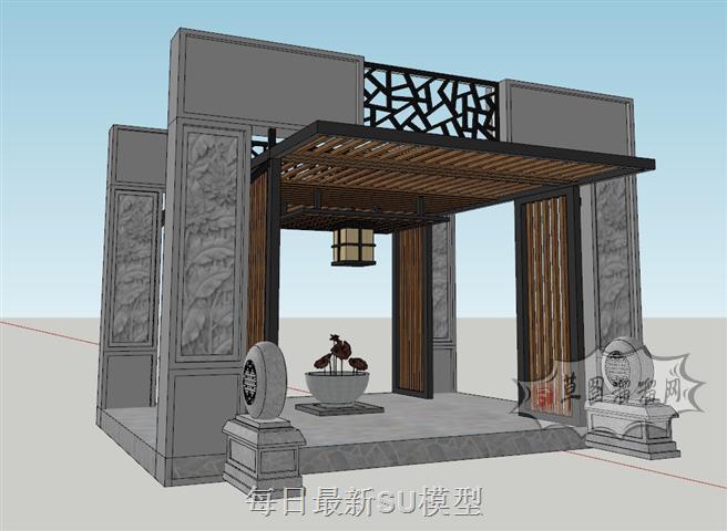 中式亭子抱鼓石SU模型