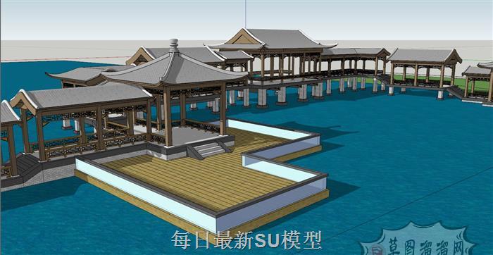 中式起伏廊桥SU模型