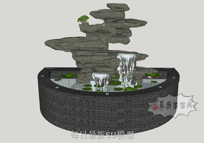 假山水池荷花池SU模型
