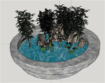 假山水池竹子SU模型