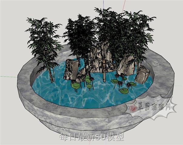 假山水池竹子SU模型