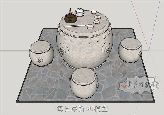 户外石桌茶壶SU模型