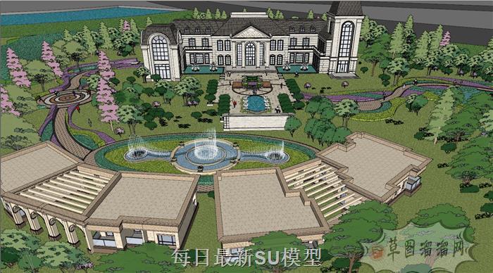 酒店建筑喷泉SU模型