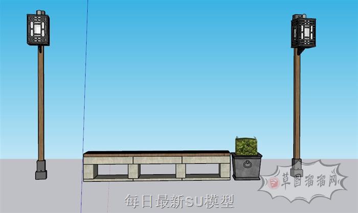 中式路灯长椅SU模型