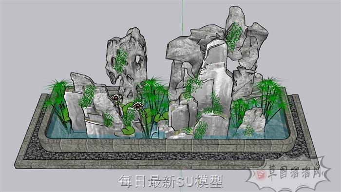 假山水池景观SU模型