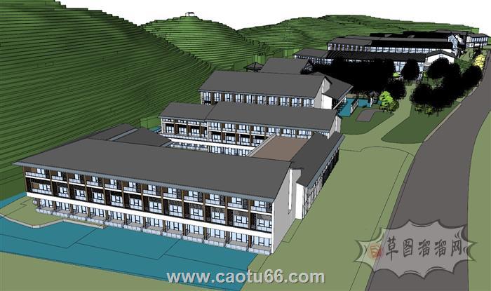 中式建筑酒店景观SU模型