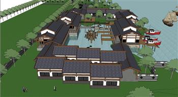 码头民宿公园SU模型