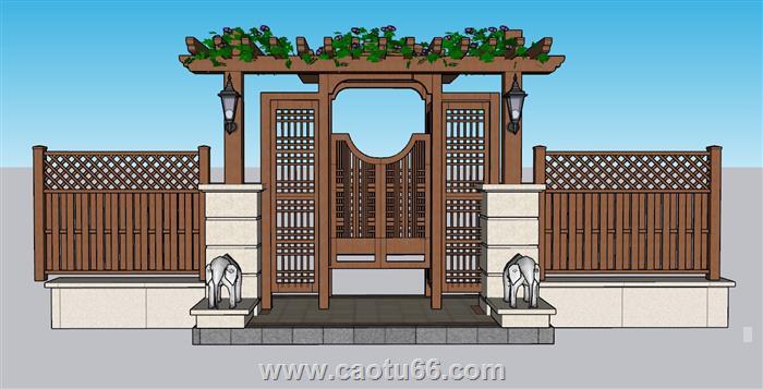 木质花门庭院门SU模型