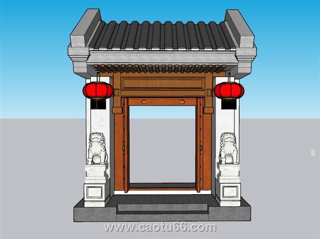 中式石狮子灯笼SU模型