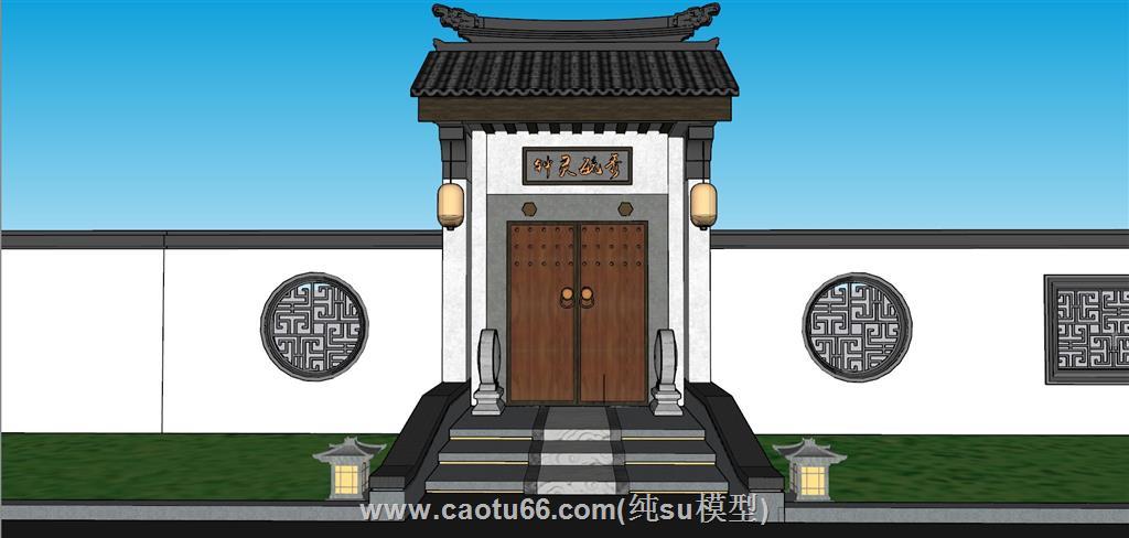 中式入户门抱鼓石SU模型