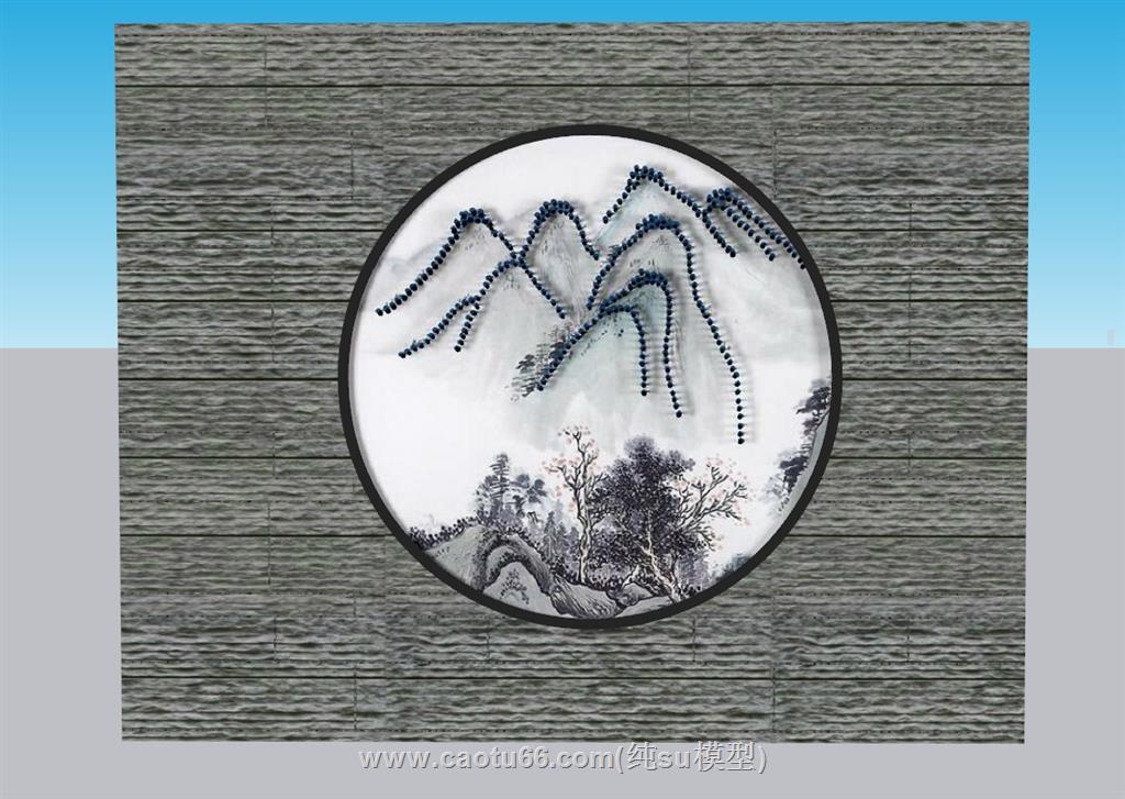 中式景墙山水画SU模型
