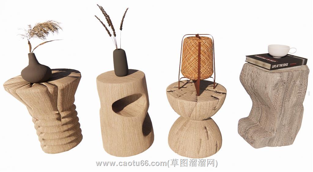 自然风木头边几SU模型