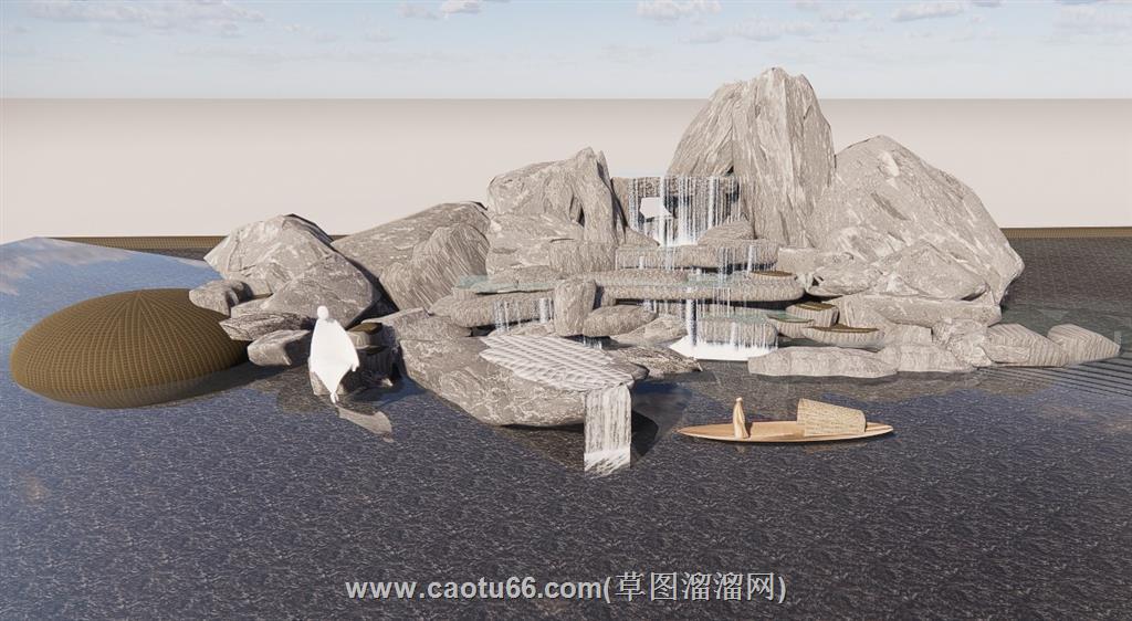 假山流水泛舟SU模型