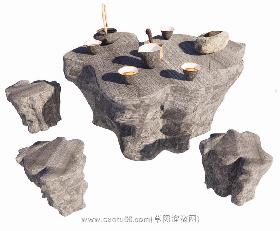自然风石桌石凳SU模型