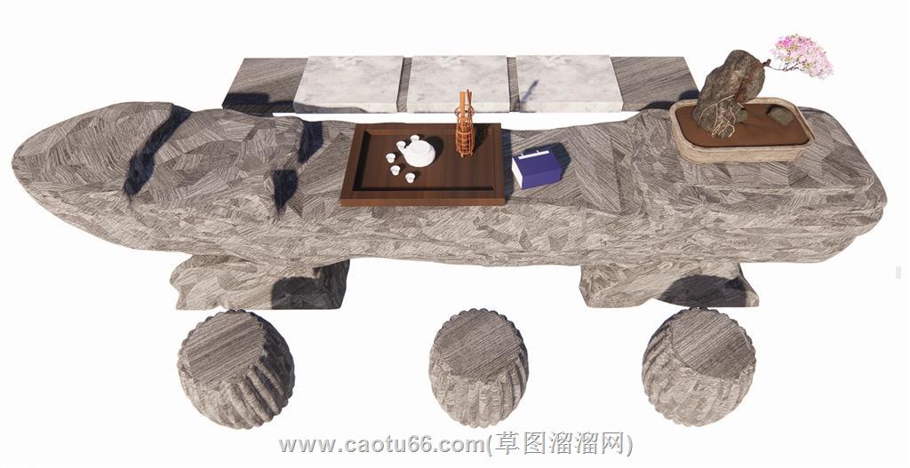自然风石桌茶桌SU模型