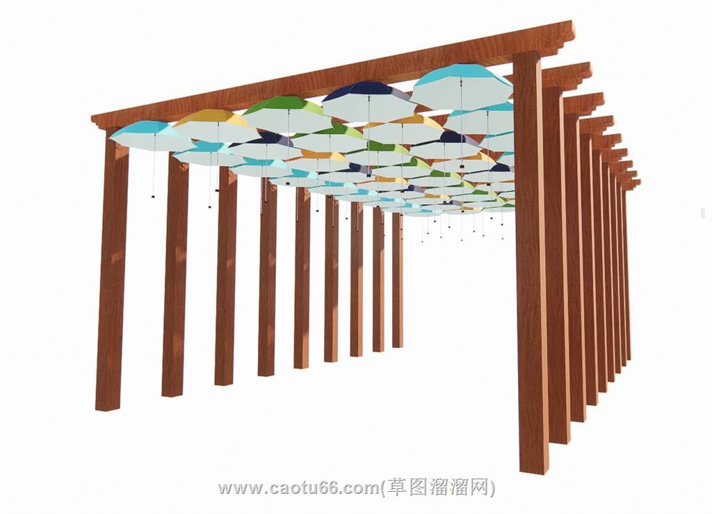 防腐木廊架雨伞SU模型