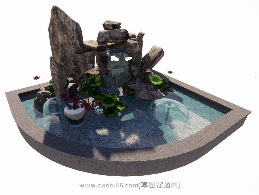假山荷花池水池SU模型