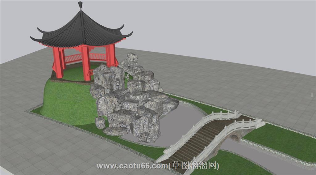 中式凉亭假山SU模型