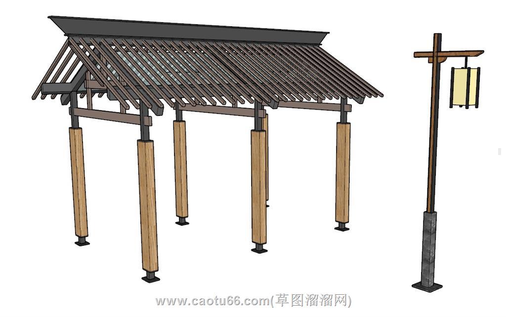 中式亭子路灯SU模型