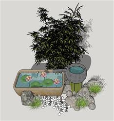 中式水池水景SU模型