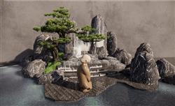 假山跌水水景SU模型