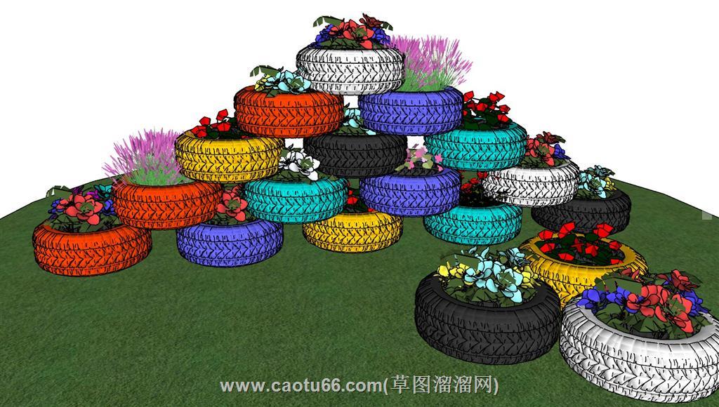 轮胎花箱薰衣草SU模型