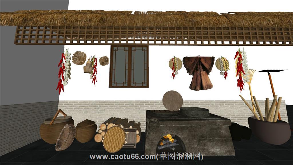 乡村灶台蓑衣SU模型