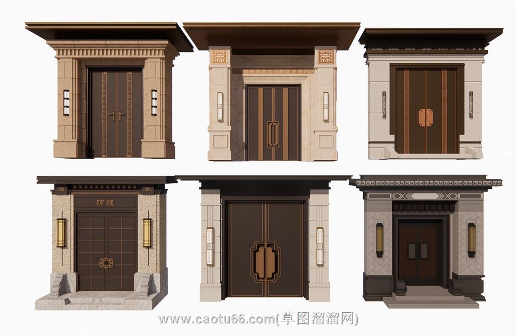 新中式入户门院门SU模型
