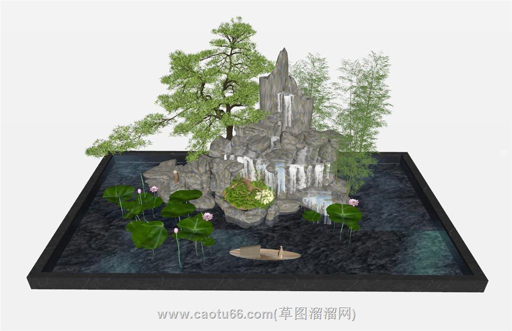 禅意荷花池假山SU模型