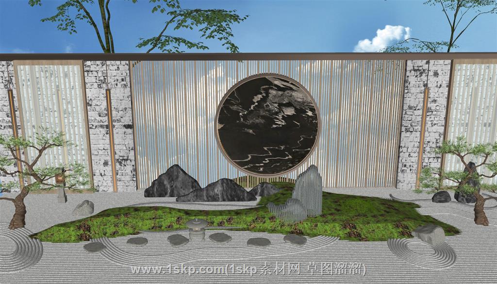 中式枯山水景墙SU模型