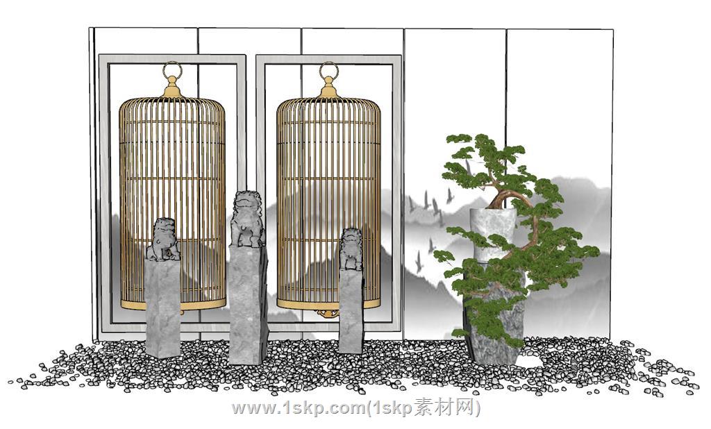 中式栓马柱盆景SU模型