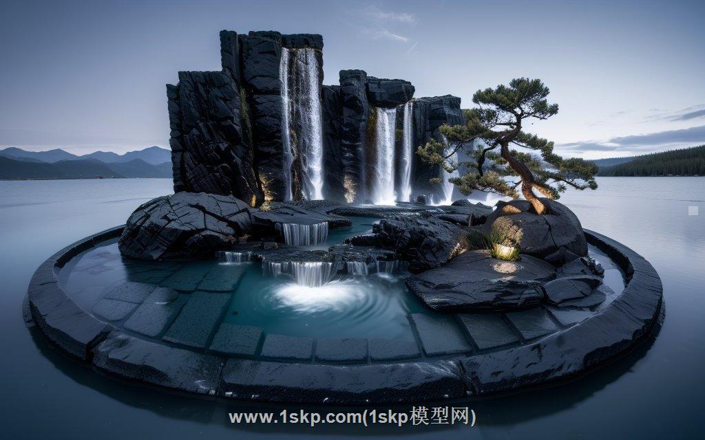 假山流水景观SU模型