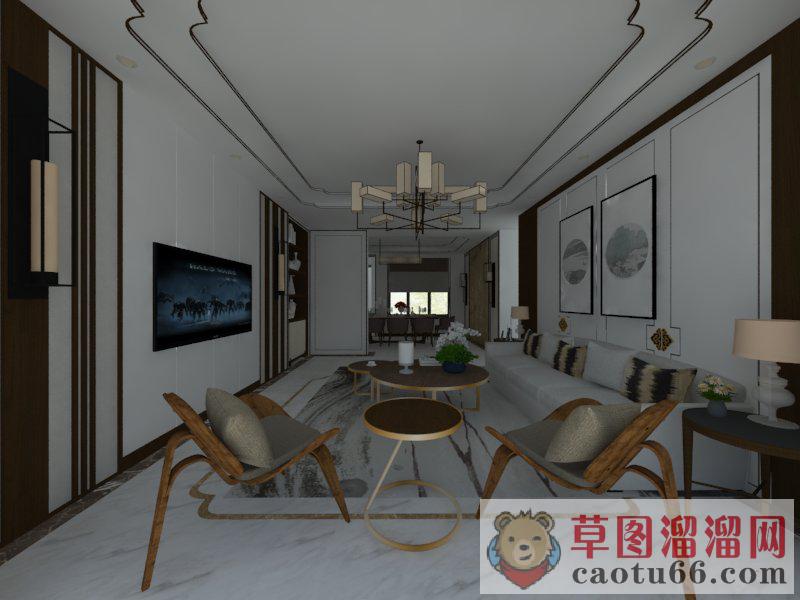 新中式客厅餐厅SU模型