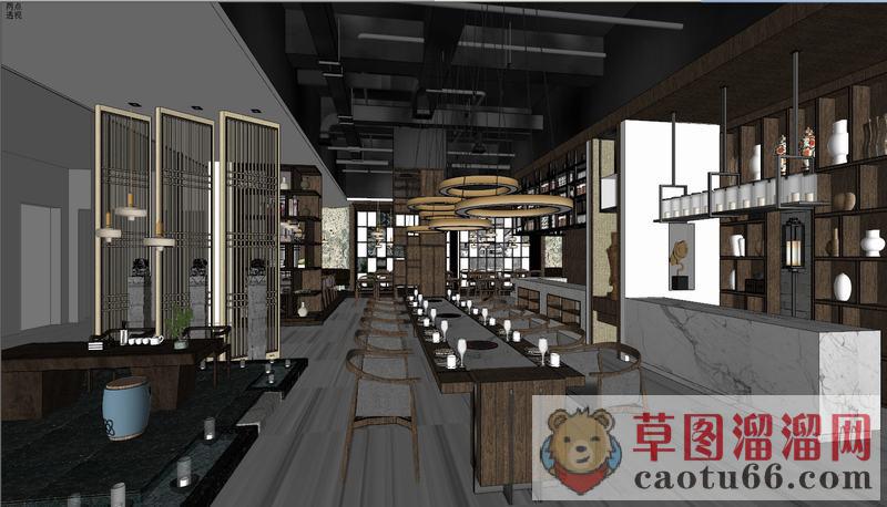 现代中式餐厅SU模型