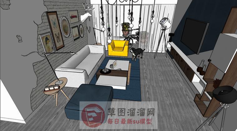 工业风格客厅餐厅SU模型
