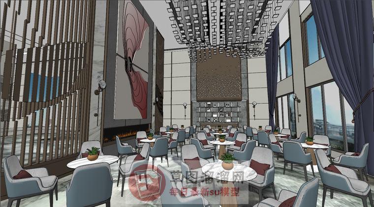 中式洽谈酒店大堂SU模型